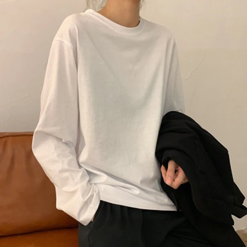 

2021 New White Black Bottoming Shirt Women's Autumn Women's Fashion Wear A Solid Color Student Long-sleeved T-shirt