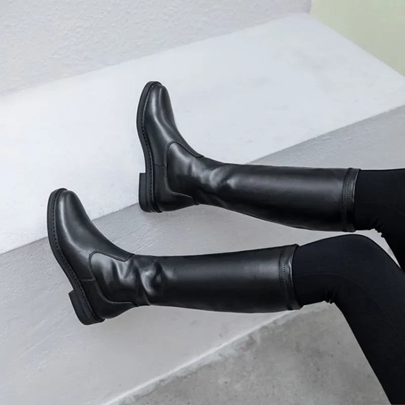 

Mid-heeled boots female 2019 autumn and winter new round head flat elastic boots leather thick with high Women's boots boty