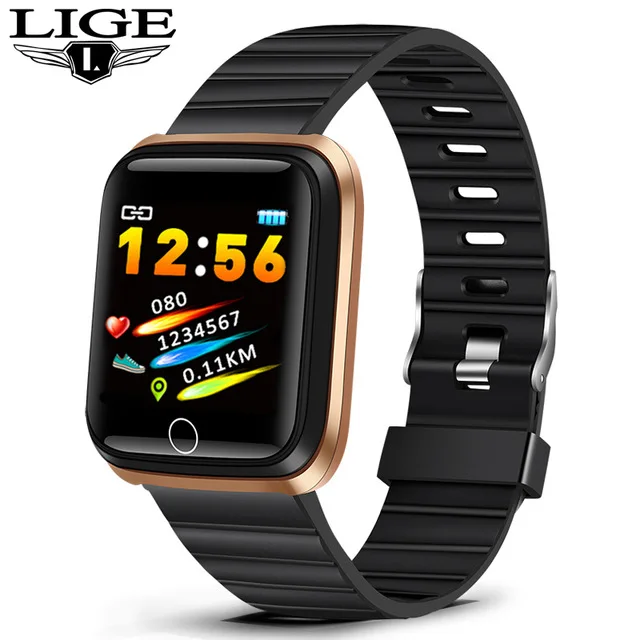 Gold black LIGE, Новые смарт-часы для мужчин и женщин, монитор сердечного ритма, кровяное давление, фитнес-трекер, умные часы, спортивный браслет, Relogio masculino - Цвет: Gold black