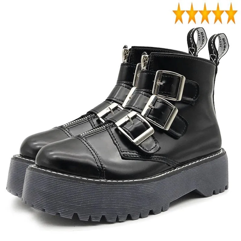 

Womens Gothic Rock Platform New Retro Woman Motorcycle Ankle Boots Multi Buckle Zip Punk Shoes Black Free Shipping