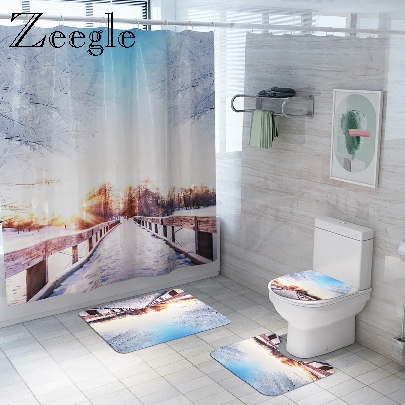 Zeegle Bathroom Mat Set Snow Pattern Shower Curtain Toilet Rugs Non-slip Shower Mat Toilet U Type Rug Pedestal Rug Floor Rug