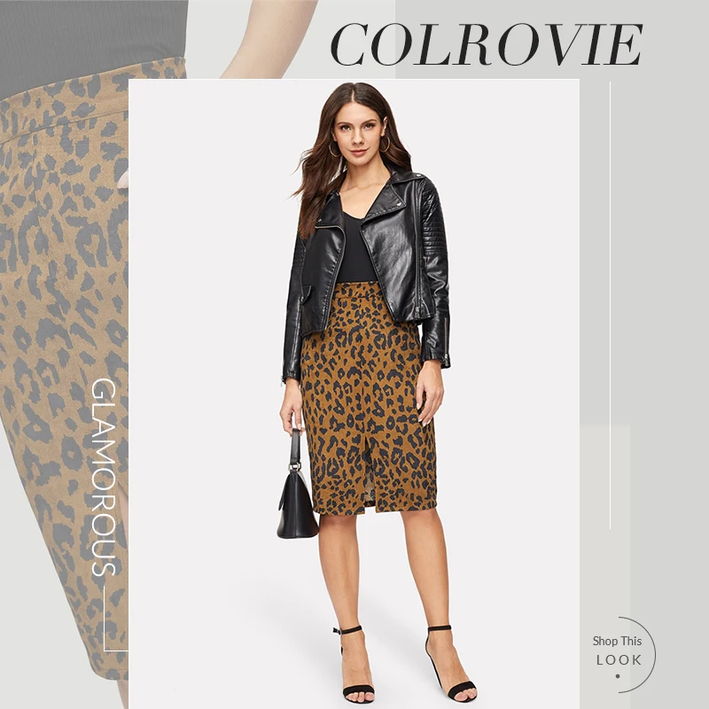 COLROVIE Cheetah принт Сплит юбка из рубчатого плиса женская одежда повседневная юбка средней длины Осень модные женские леопардовые юбки-карандаш
