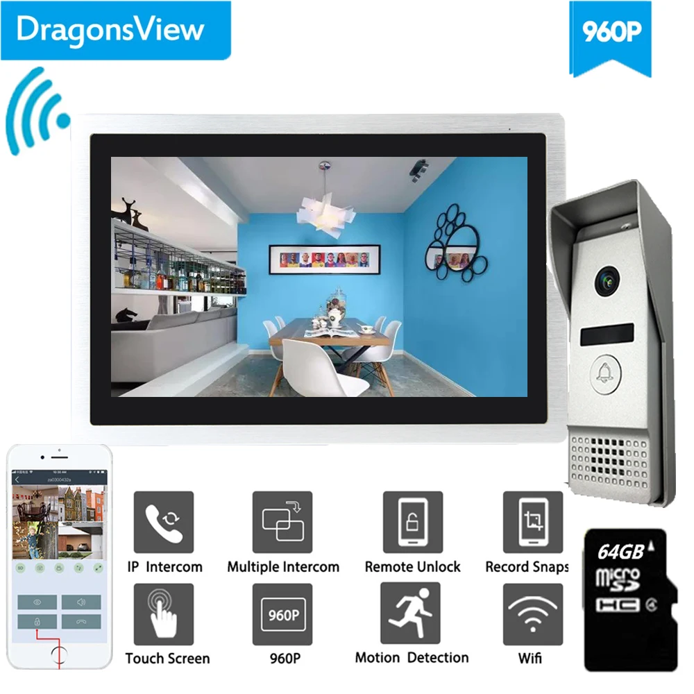 Dragonsview Wifi видео дверной звонок с монитором IP видео домофон система широкоугольный сенсорный экран запись обнаружения движения - Цвет: Set 3 64GB Card