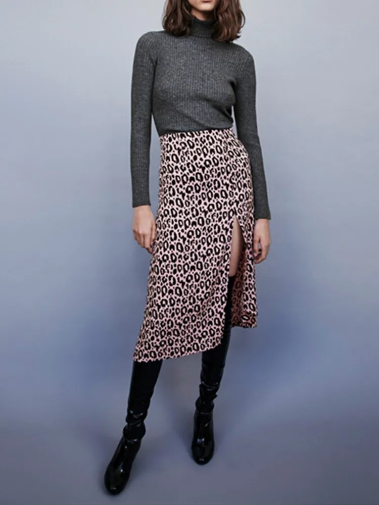 

Leopard Print Sexy High Split Skirt Women High Waist Slim Mid Calf Ladies Skirts