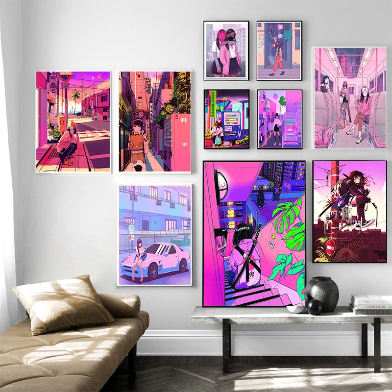Vaporwave Anime Retro Aesthetic Poster 80s Mask Girl Wallpaper Painting Wall Art Decoration Kawaii Room Decor Canvas Poster Painting Calligraphy Aliexpress