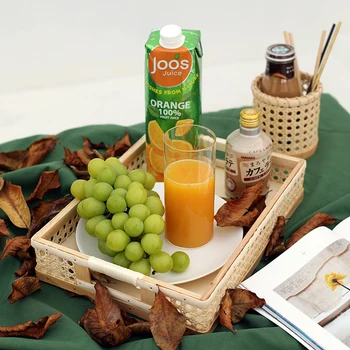 

SWEETGO Rattan Basket Rectangle Handle Storage Trays Home Table Decoration for Coffee/Tea/Juice/Sundries Kitchen Accessory