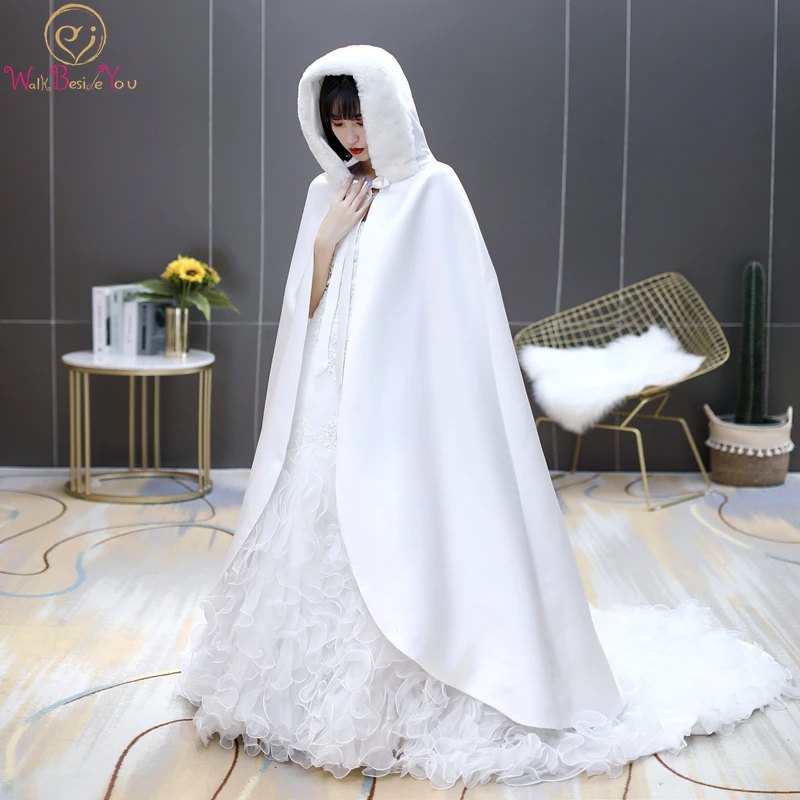 Walk Beside You Stola Wedding Cloak Ivory Faux Fur Satin Jacket Bridal Bolero coat women Long Cape Floor Length 2020 Shawl