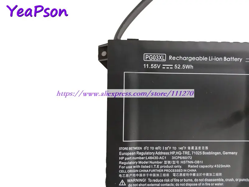 Yeapson PG03XL HSTNN DB9G OB1I 11 55 в 4545 мАч 52.5Wh Аккумулятор для ноутбука HP игровой павильон 15