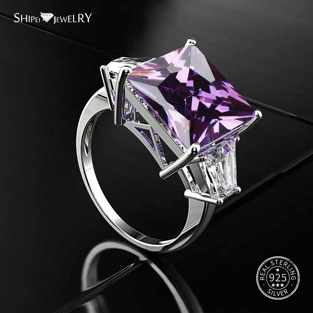 Shipei квадратное созданное муассанитовое кольцо для женщин 925 пробы Серебряное обручальное кольцо с драгоценным камнем квадратное кольцо принцесса - Цвет камня: Purple