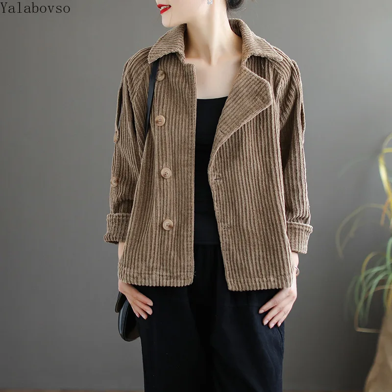 Ideal  Corduroy Autumn New Retro Long Sleeve Coat Short Coat Single-breasted Casual Coat for woman jean ja