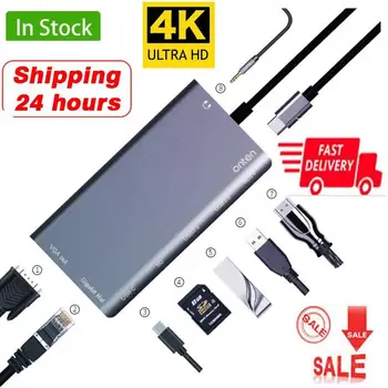 

8 In 1 USB C To RJ45 Lan 4K HDMI VGA 2 USB 3.0 SD Card Reader 3.5mm Jack Type C Hub Dock Adapter for Macbook for Samsung Huawei