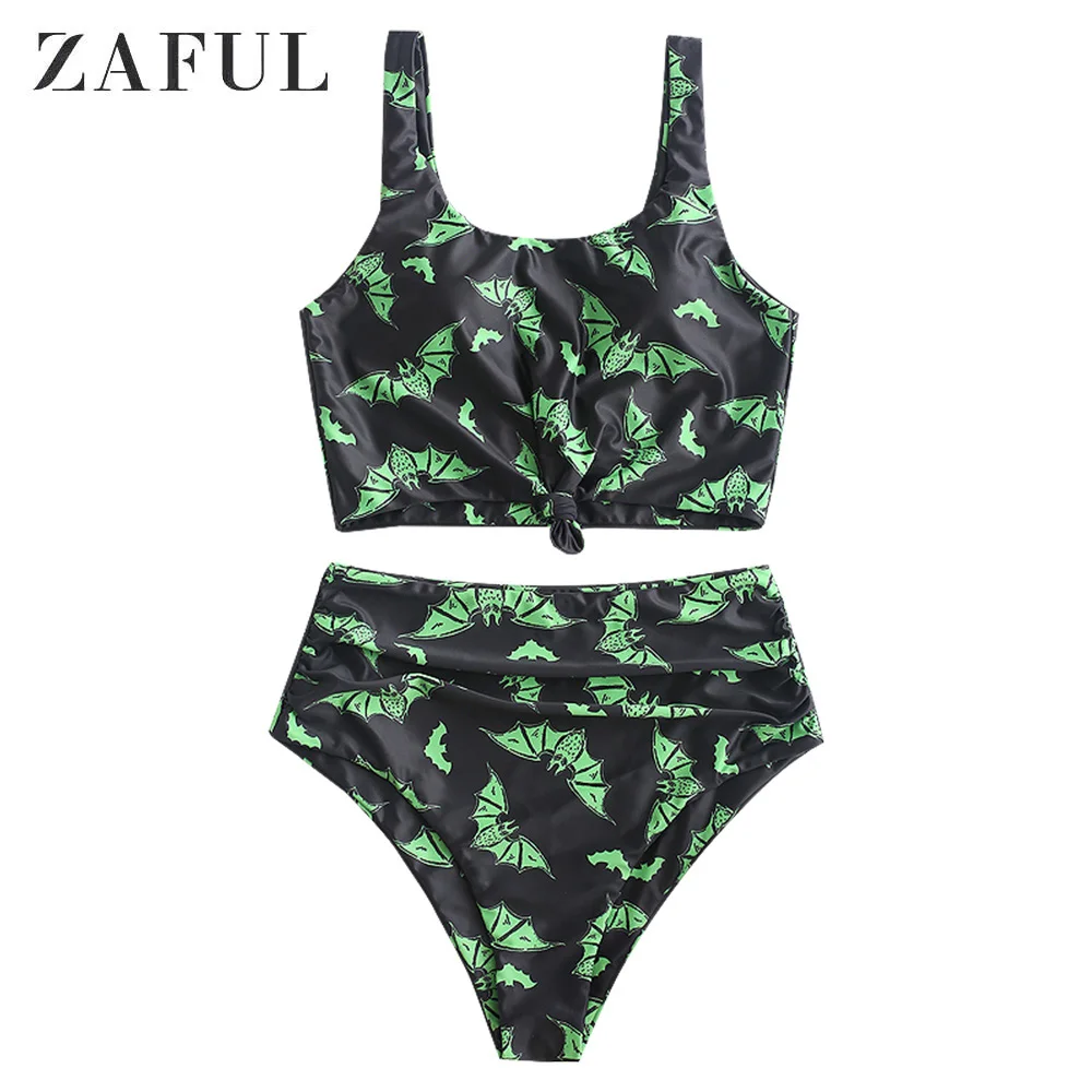 Женский купальник-танкини ZAFUL топ с рюшами и высокой талией на завязках купальник