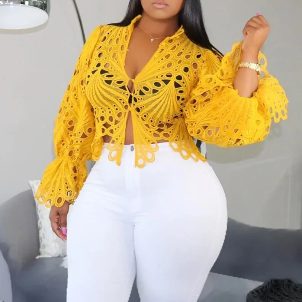 

XL Yellow Lace Shirt Women Sexy Blouse Long Sleeve Female See Through Tops Club African Fashion Casual White Black Blouses 2020