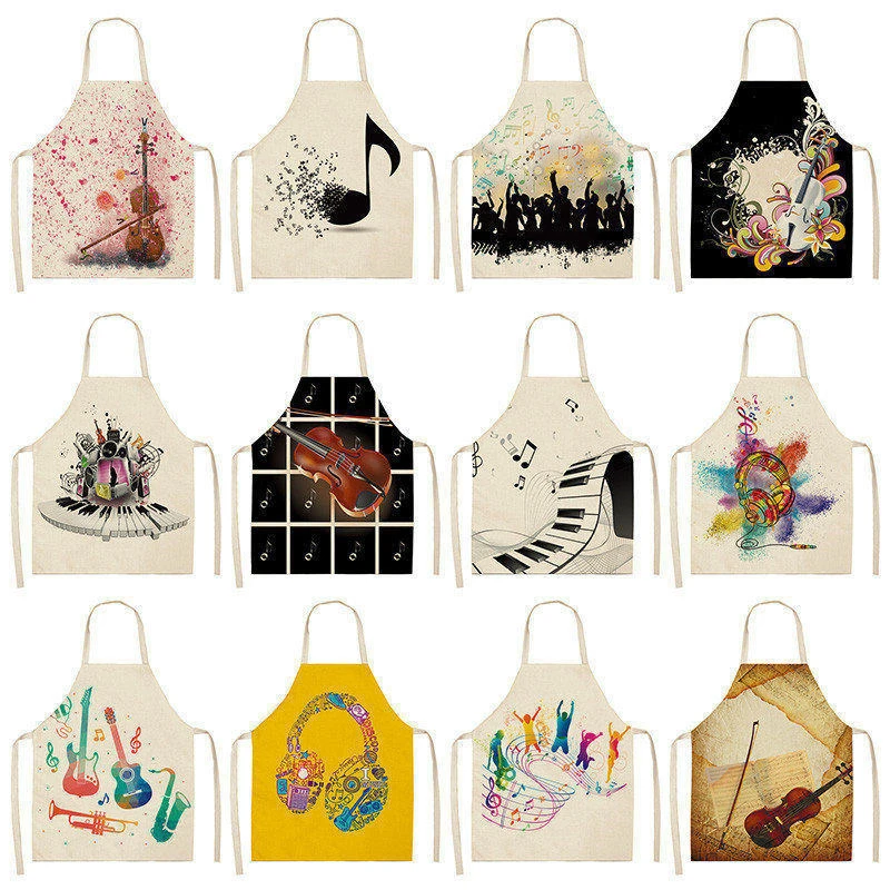 Musical Instrument Kitchen Aprons For Women Cotton Linen Bibs Household Cleaning Pinafore Home Cooking Apron 53*65cm WQL0141