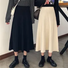 Зимняя женская длинная юбка, осенняя Женская трикотажная юбка в складку, Корейская высокая талия, юбка миди для колледжа, женские юбки Ekegant