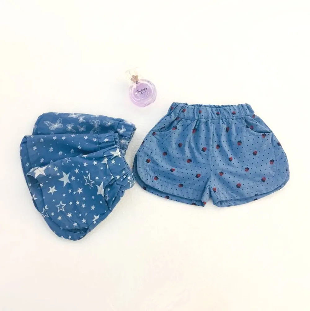 

2019 Summer Korean-style Children Full Printed Cartoon Five-Star Tencel Denim Shorts Girls Tencel Shorts