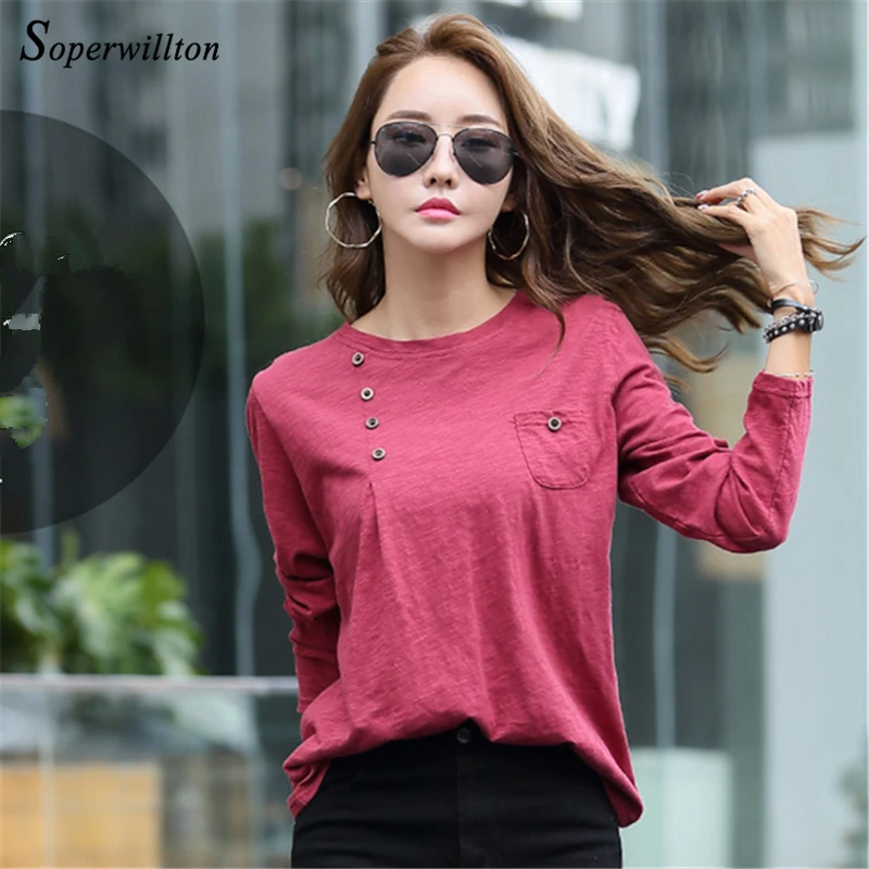 

2019 Autumn Female Tshirt Women Tops Long Sleeve Harajuku Ladies Shirt Red Blue Army Green Cotton Korean Tees Tops with Button