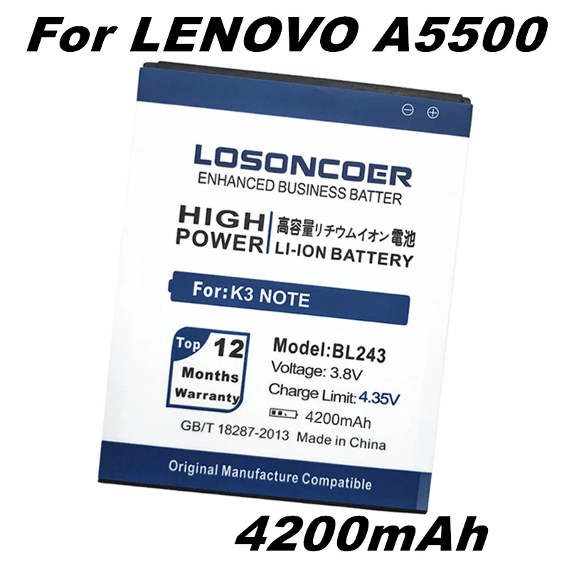 

LOSONCOER 4200mAh BL243 Battery for Lenovo K3 Note Battery Lemon K3 K50-T3S K50-T5 A7000 A7600 A5600 A5500 A5860