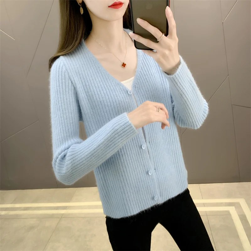 

20822 hall 7 row 3 】 make pure color knitting cardigan 35 v-neck cultivate morality