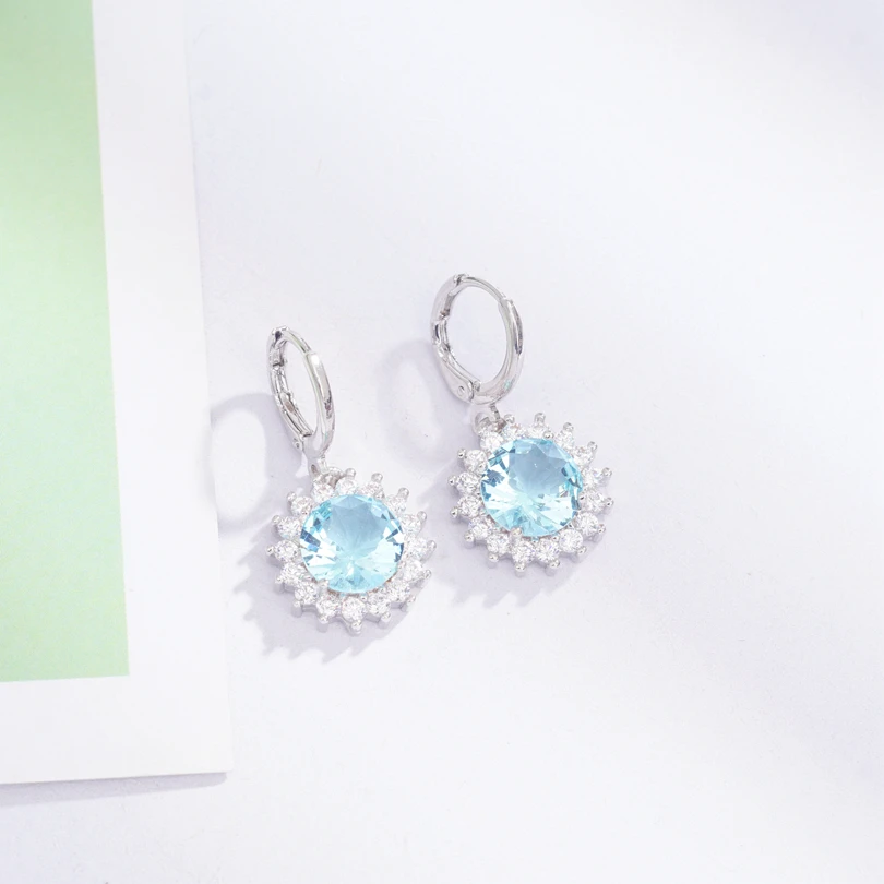 light blue Элегантные Простые круглые женские серьги-кольца белого золота, свадебные круглые серьги с кубическим цирконием, подарок для девочки - Окраска металла: light blue