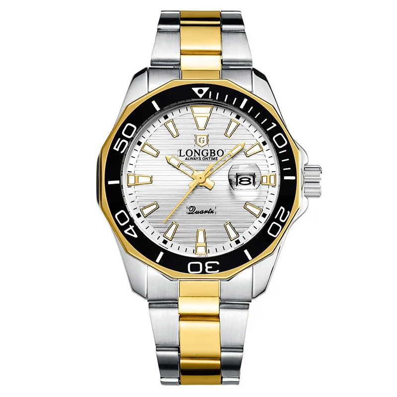 LONGBO кварцевые часы мужские популярные Брендовые спортивные наручные часы бизнес нержавеющая сталь водонепроницаемые часы Relogio Masculino - Цвет: silver gold white