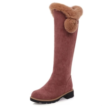 

fanyuan 32-43 Elegant Solid Platform Fur Boots Ladies Warm slip-on Knee High Boots Women 2019 Winter Med Heel Shoes Woman