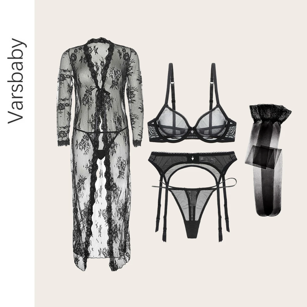 

Varsbaby Women Underwear Sexy Lingerie Set 5 pcs Robe+Bra+Garter+Thong+Stockings Underwear Black/White Lace See Through Bra Set