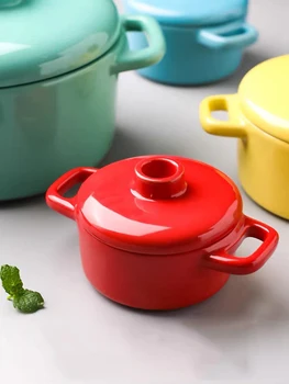 

Double Ear Ceramic Stew Steam Pot With Lid Heat Resistant Small Tureen Egg Milk Frying Pan Steam Pots Cookware