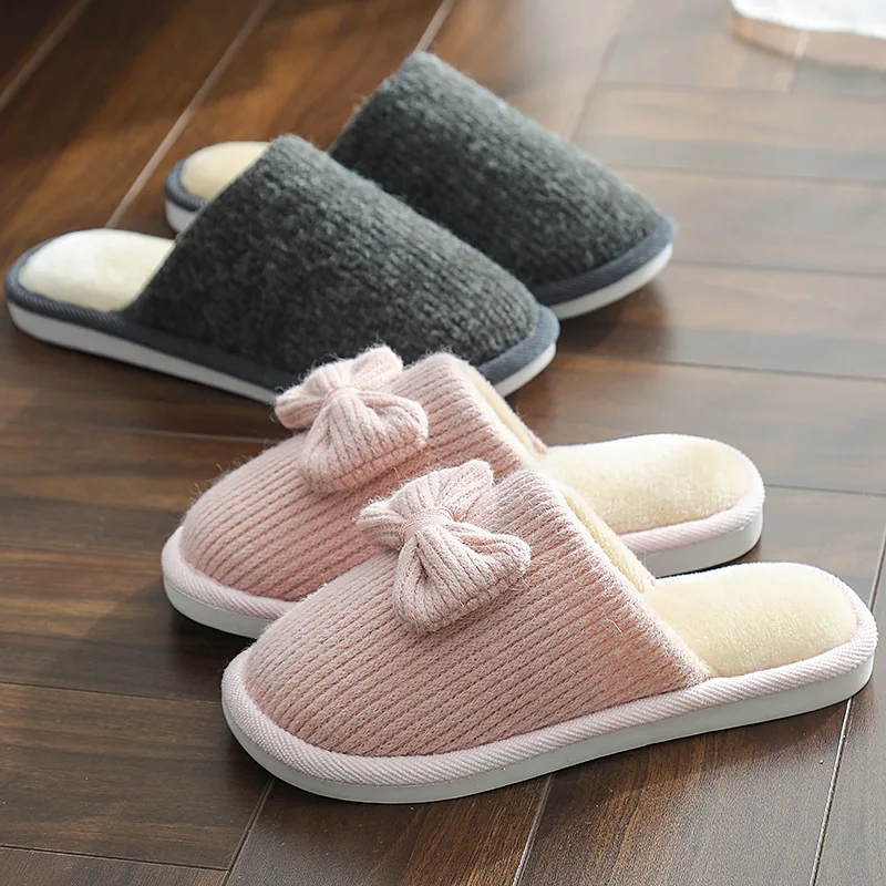 

Tun 2019 new cotton slippers female contracted couples antiskid thick bottom warm winter plush slippers men bow