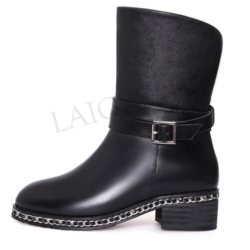 

LAIGZEM Women Wool Fur Lined Short Winter Turn Over Mid Calf Snow Boots Waterproof Leather Suede Shoes Chain Botas Size 42 43 44