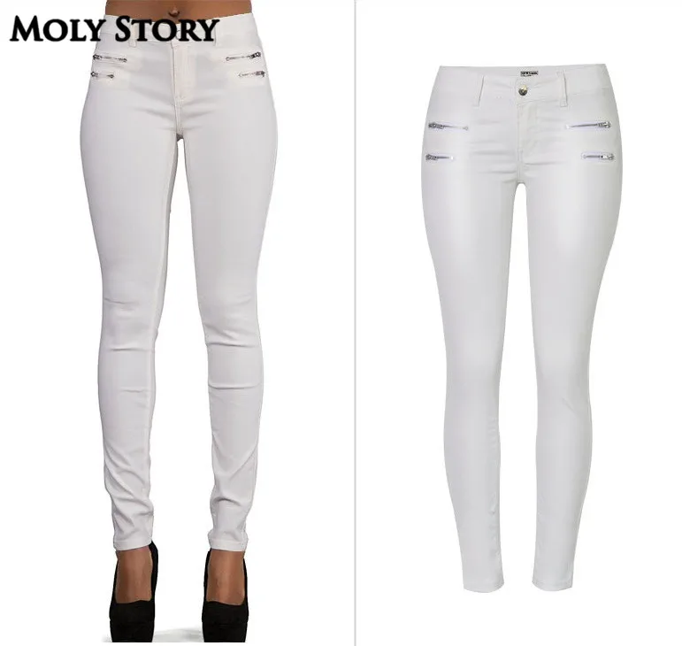 Pantalones de cuero blanco mujer, Pantalón de cintura alta, PU, talla grande - AliExpress