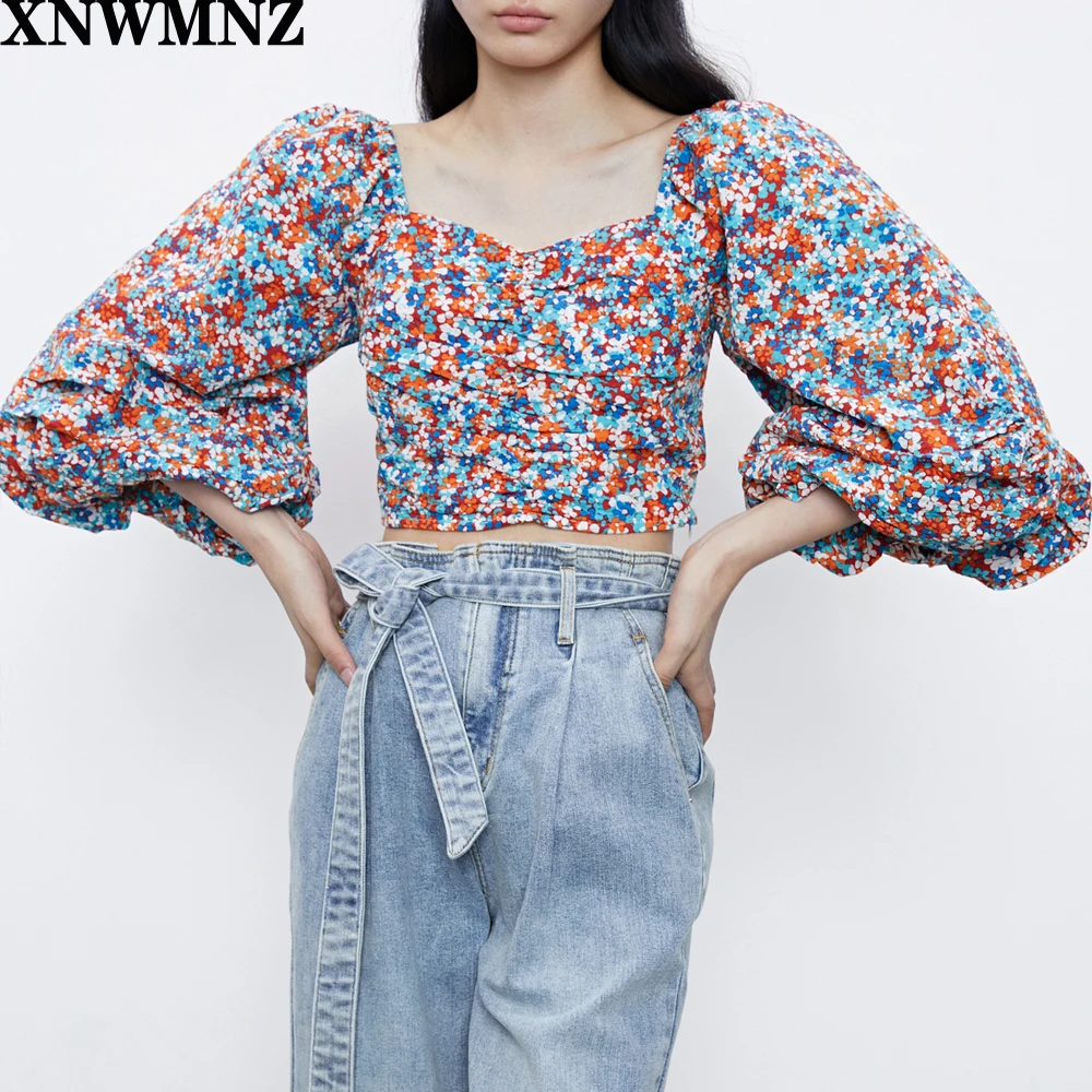 

XNWMNZ za 2020 Prairie Chic Square Collar Blouses Women Fashion Printed Shirts Women Elegant Lantern Sleeve Tops Female Ladies