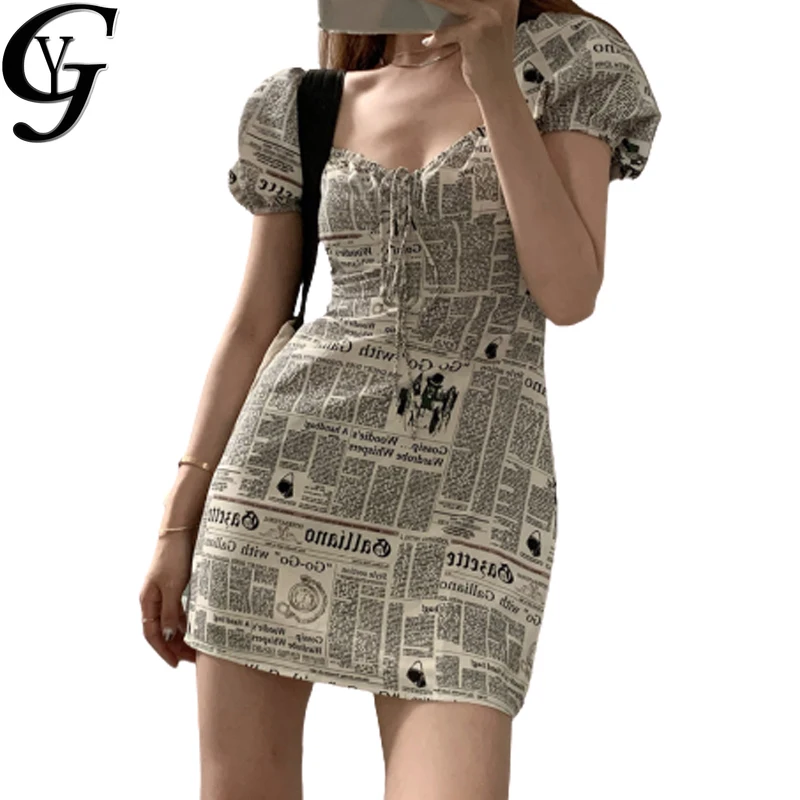 

YG 2020 Summer Newspaper Print Women's Dresses Elegant Square Collor Nightclub Sexy Mini Dress Female Streetwear Dress Vestidos