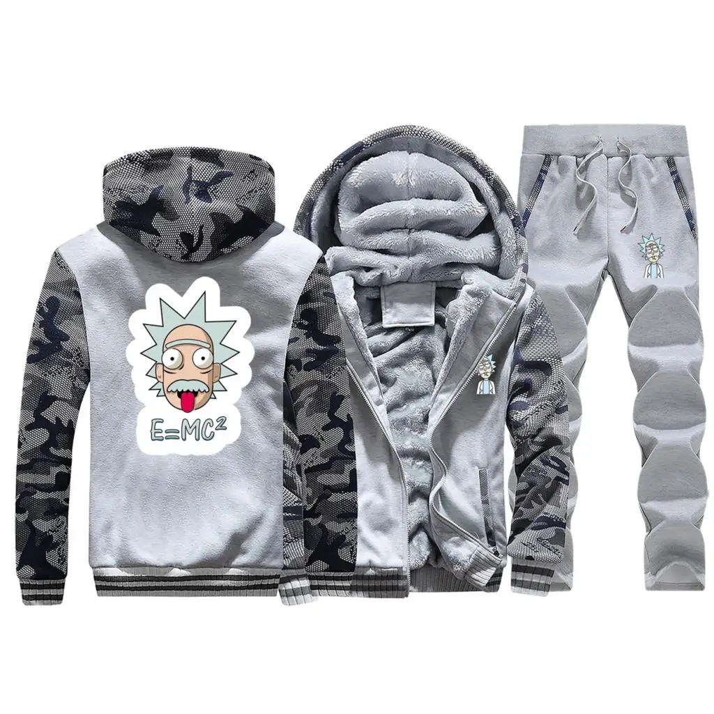 Light Gray Рик и Морти мужской Камуфляжный комплект, зимний теплый спортивный комплект, Мужская Уличная одежда, брендовая одежда, хип-хоп теплая верхняя одежда, спортивные брюки - Цвет: Light Gray