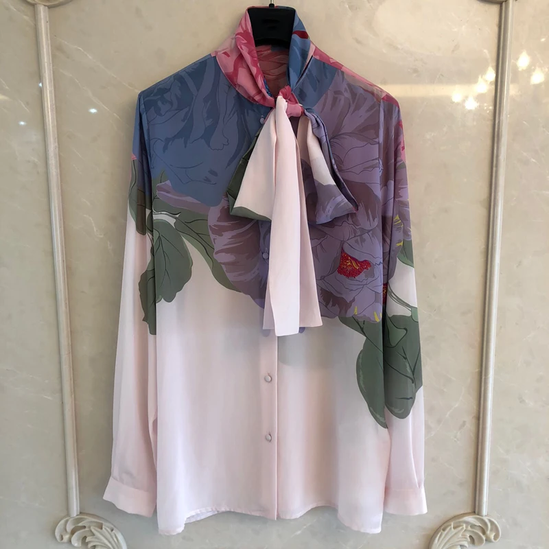 Printed Floral silk blouse Long Sleeve loose Style Elegant Women blouse 2019 new women Elegant blouse