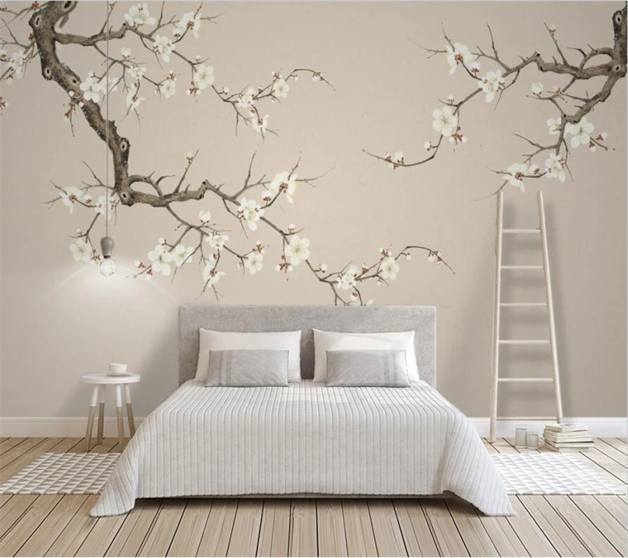 

wellyu Custom mural hand-painted plum blossom Chinese style simple and elegant plum blossom living room background wallpaper