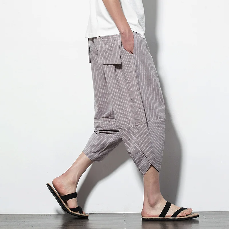

Chinese-style Cotton Linen Capri Pants Men's Loose And Plus-sized Stripes Pants Harem Pants Men Harem Pant