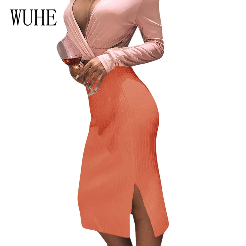 WUHE ребристая осенне-зимняя облегающая юбка женская растягивающаяся юбка с разрезом Облегающие юбки-карандаш для женщин женская сумка бедра трикотажные юбки