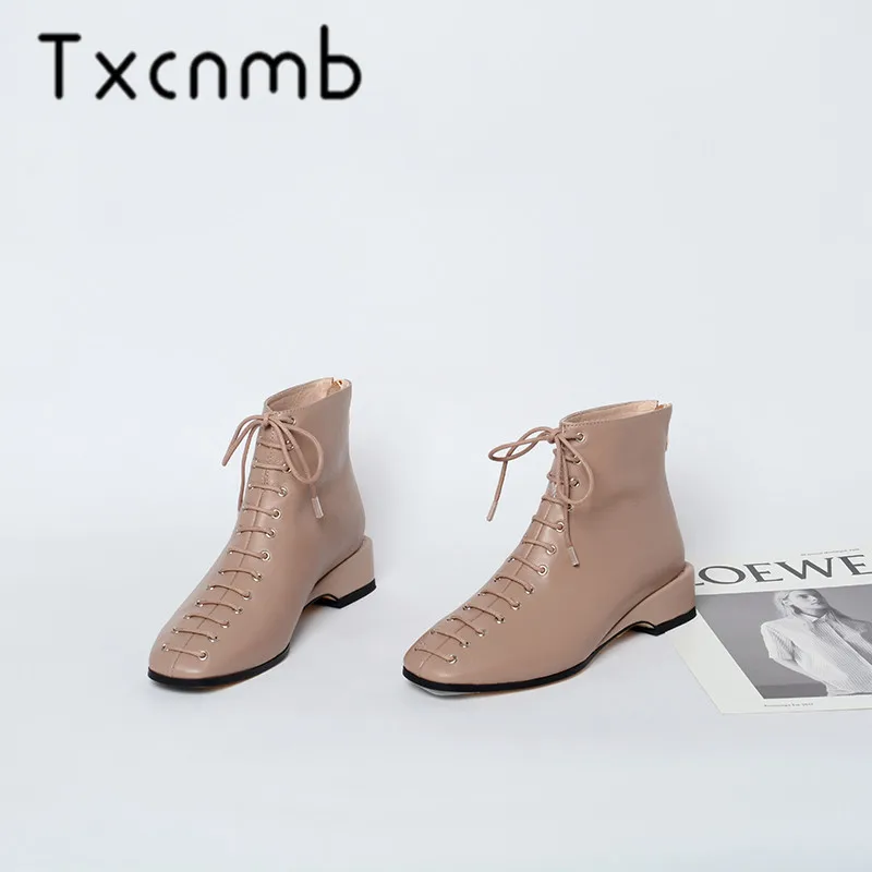 

TXCNMB Boots Women Autumn Winter Genuine Leather Ankle Boots Low Heeled Short Chelsea Boots Fashion Party Shoes Woman