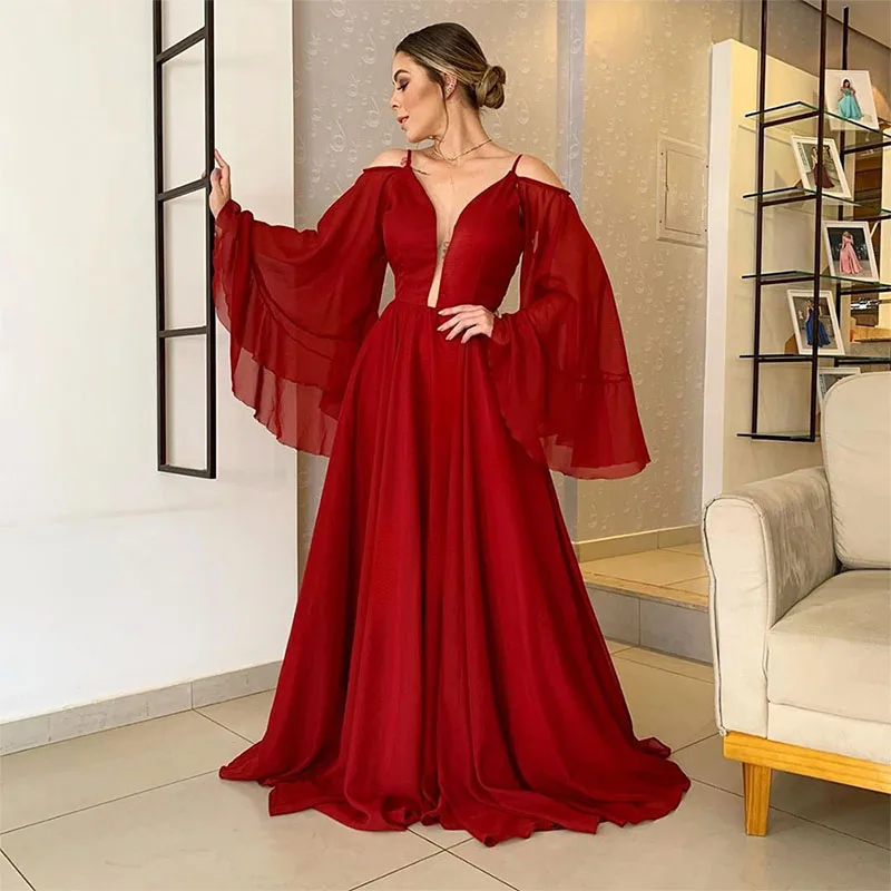 JEHETH Flared Sleeves Off Shoulder Chiffon Prom Dresses Deep V-Neck Spaghetti Straps Backless Formal Evening Gowns Floor Length long sleeve prom dresses Prom Dresses