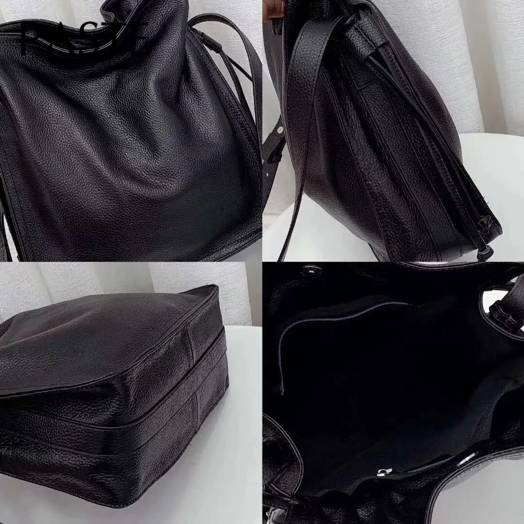 Повседневная сумка на плечо из коровьей кожи, черная большая женская сумка-ведро, сумка-мешок с рюшами, универсальная женская сумка через плечо, морщинистая