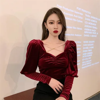 OCEANLOVE Velour Shirts Solid Sqaure Neck Vintage Clothing Korean Puff Sleeve Blusa Spring Sexy Backless Sexy Blouse Women 19623 4