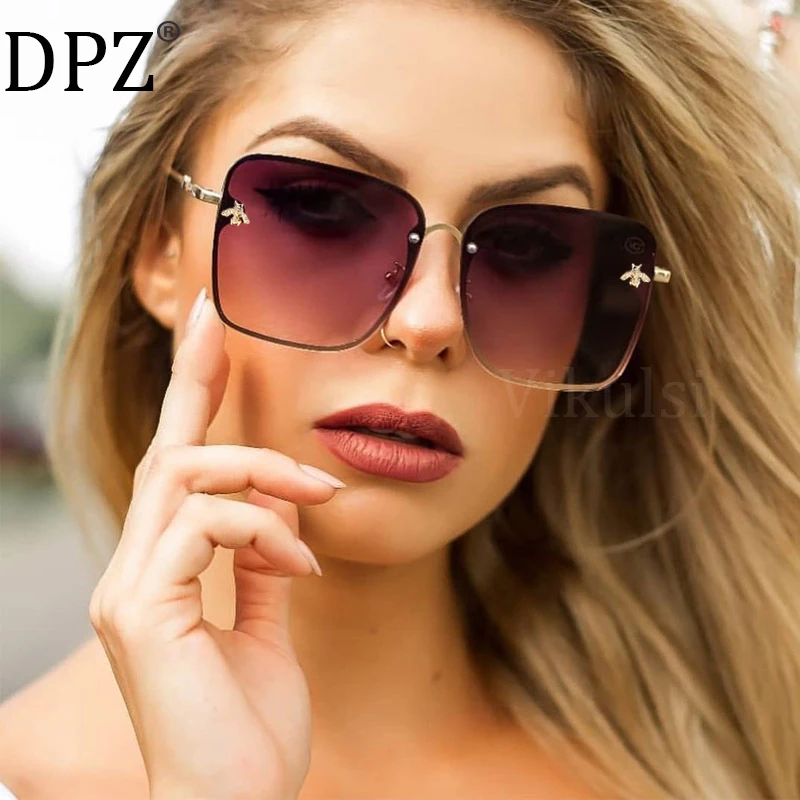 

2020 Luxury Brand Designer Female Rimless Sunglasses Square Women Sun Glasses Gradient Shades Little bee Lens oculos de sol