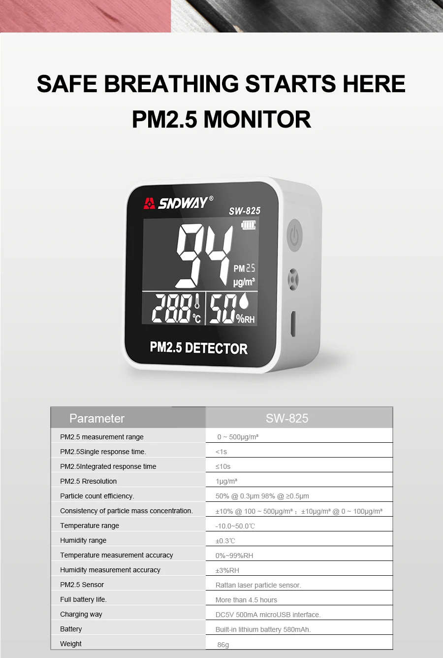 SNDWAY SW-825 Digital PM2.5 Detector meter and Temperature and Humidity Mini Por