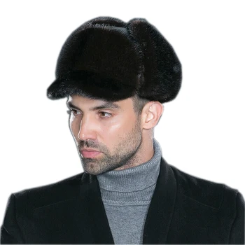 

Thick Warm Winter Hat Men mink Fur hat Russian Bomber Hat Male Windproof Snow Ski Russian Cap real fur cap