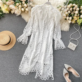 

Women Dress White Lace Spring Summer Robe Sexy Vintage Clothes For Women Elegant Office Midi Casual Party Long Sleeve 2 Pieces