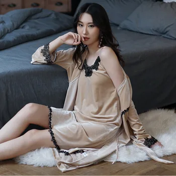 

Warm Velvet Women Nighty&robe Set Sexy Lace Nightdress Kimono Gown Casual Soft Bath Gown Champagne Sleepwear Wedding Robe