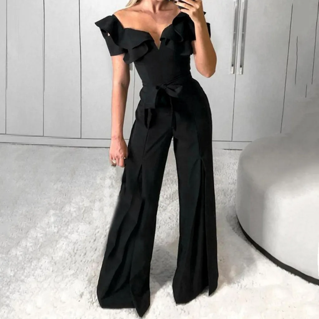 

Fashion rompers womens jumpsuit Sexy Solid Border overalls for women Casual Sleeveless Broad-Legged Jumpsuit