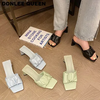 

Fashion Med Heels Slippers Slides Women Summer Sandals Slip On Outdoor Slipper Elegant Pleated Shoes Women Brand Slippers Mujer