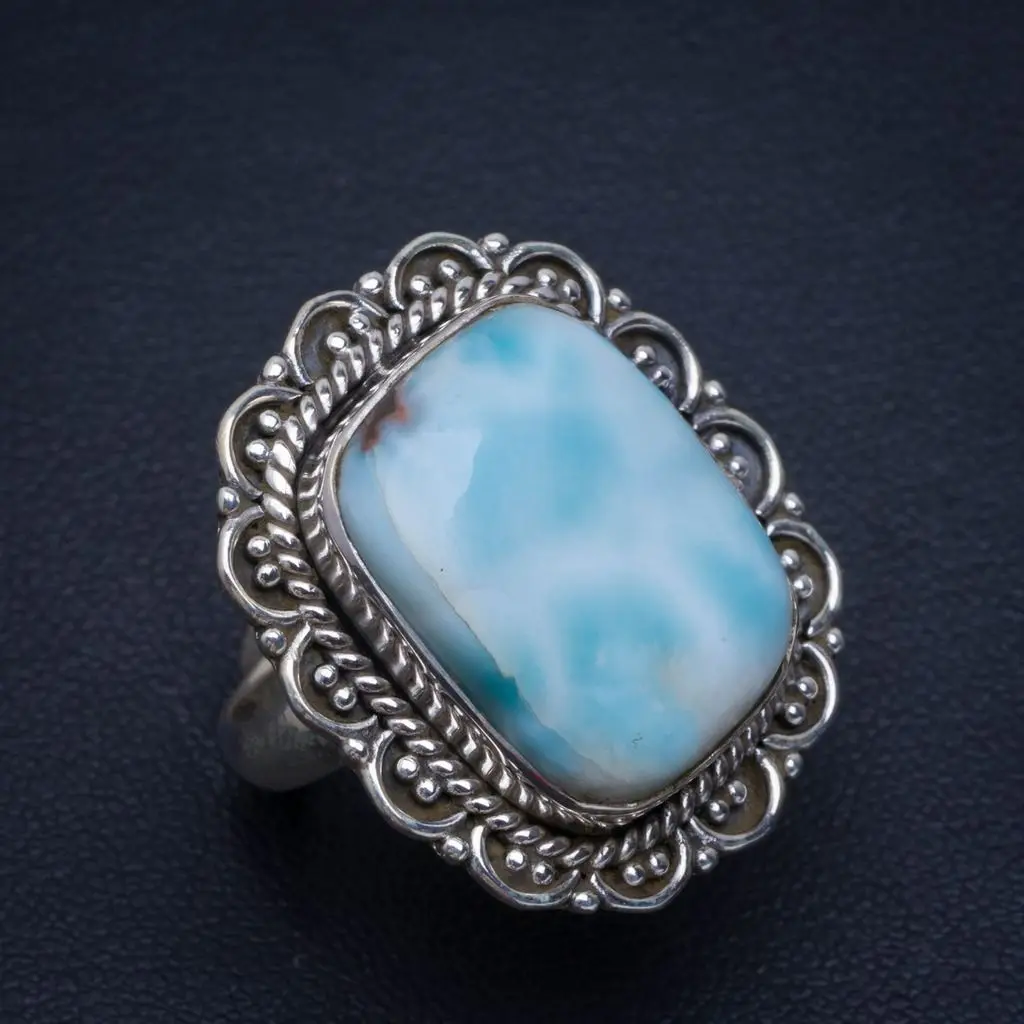 

Natural Caribbean Larimar Unique Design 925 Sterling Silver Ring US Size 7.75 N918